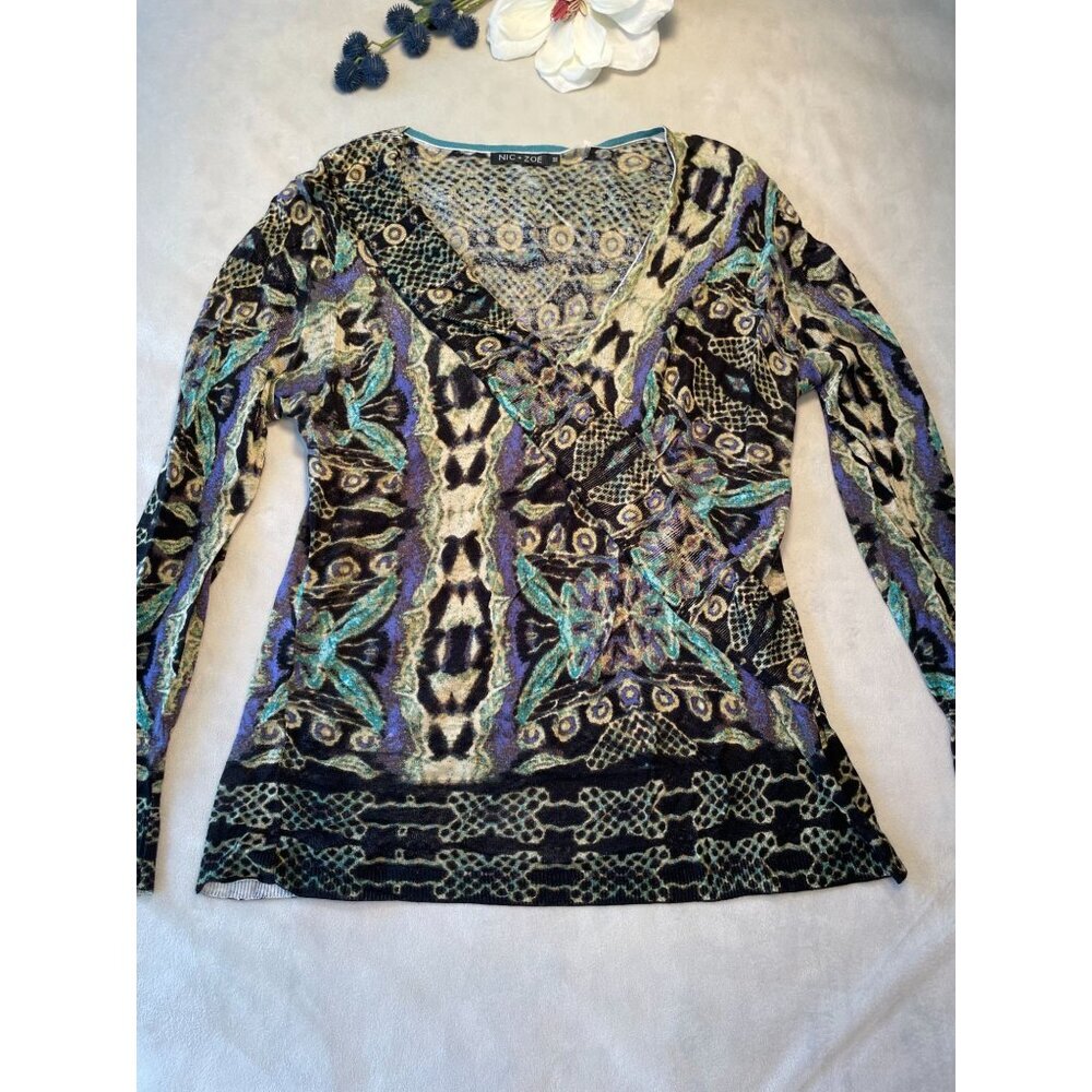 Nic &  & Zoe Abstract Print Long Sleeve V-Neck Top Size M Stretch Knit Y2K